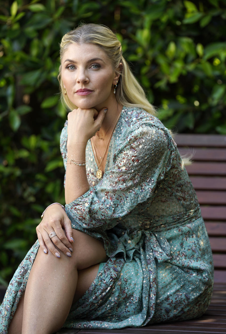 Amanda Kloots, co-host of the daytime talk show "The Talk" and co-author of the new memoir "Live Your Life: My Story of Loving and Losing Nick Cordero," poses for a portrait at home in Los Angeles on June 8, 2021. (AP Photo/Chris Pizzello)