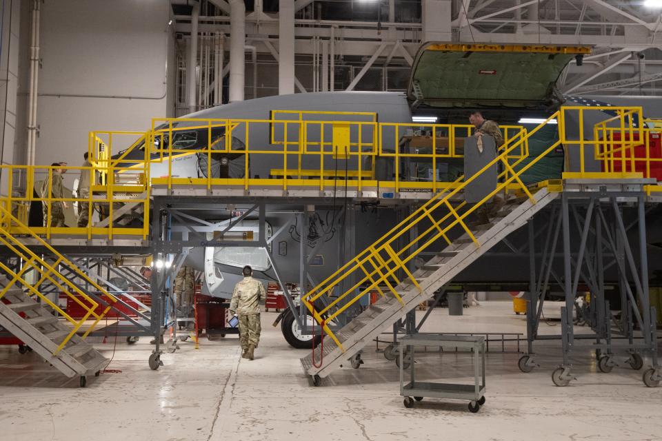 A thorough inspection of a KC-135 Air Refueling Aircraft is done every 20-25 days where crew members of the 190th Air Refueling Wing of the Kansas Air National Guard go through each aircraft through a phased process like that being done Thursday morning.