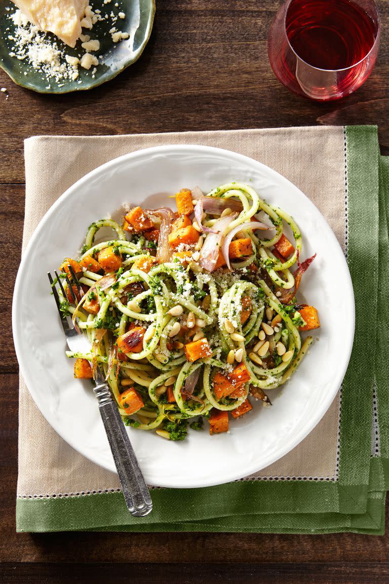 <p>Got a few vegetarians coming over this year? Make them feel right at home with our very best vegetarian Christmas menu ideas. Trust us: You won't notice a difference. Here, bucatini acts as a satisfying, meatless entrée. </p><p><strong>Main Course:</strong></p><p><a href="https://www.countryliving.com/food-drinks/recipes/a41068/bucatini-with-winter-pesto-and-sweet-potatoes/" rel="nofollow noopener" target="_blank" data-ylk="slk:Bucatini with Winter Pesto and Sweet Potatoes;elm:context_link;itc:0;sec:content-canvas" class="link ">Bucatini with Winter Pesto and Sweet Potatoes</a></p><p><strong>Side Dish:</strong></p><p><a href="https://www.countryliving.com/food-drinks/a24415005/marinated-mushroom-charred-broccolini-salad-recipe/" rel="nofollow noopener" target="_blank" data-ylk="slk:Marinated Mushroom and Charred Broccolini Salad;elm:context_link;itc:0;sec:content-canvas" class="link ">Marinated Mushroom and Charred Broccolini Salad </a></p><p><a href="https://www.countryliving.com/food-drinks/recipes/a3702/green-bean-salad-red-onions-recipe-clx1111/" rel="nofollow noopener" target="_blank" data-ylk="slk:Green Bean Salad with Red Onions;elm:context_link;itc:0;sec:content-canvas" class="link ">Green Bean Salad with Red Onions</a></p><p><a href="https://www.countryliving.com/food-drinks/recipes/a3711/pumpkin-cheese-bread-recipe-clx1111/" rel="nofollow noopener" target="_blank" data-ylk="slk:Pumpkin Cheese Bread;elm:context_link;itc:0;sec:content-canvas" class="link ">Pumpkin Cheese Bread</a></p><p><a href="https://www.countryliving.com/food-drinks/a28609650/coriander-roasted-carrots-recipe/" rel="nofollow noopener" target="_blank" data-ylk="slk:Coriander-Roasted Carrots;elm:context_link;itc:0;sec:content-canvas" class="link ">Coriander-Roasted Carrots </a></p><p><strong>Dessert:</strong></p><p><a href="https://www.countryliving.com/food-drinks/a25473882/candy-cane-cake-recipe/" rel="nofollow noopener" target="_blank" data-ylk="slk:Candy Cane Cake;elm:context_link;itc:0;sec:content-canvas" class="link ">Candy Cane Cake</a> </p>