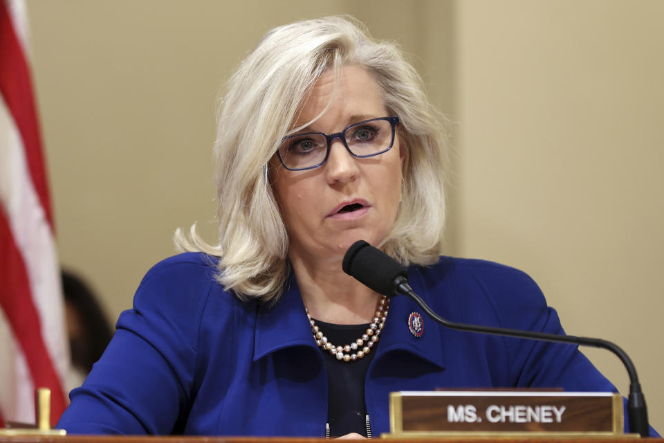 FILE - In this July 27, 2021, file photo Rep. Liz Cheney, R-Wy., delivers opening remarks at the first hearing of the House select committee hearing on the Jan. 6 attack on Capitol Hill in Washington. Former President George W. Bush will headline a fundraiser for top Donald Trump critic Cheney next month, turning her reelection race into a proxy war of sorts between the ex-presidents. Bush will be headlining the event in Dallas in October for the Wyoming congresswoman’s reelection campaign. (Chip Somodevilla/Pool via AP, File)