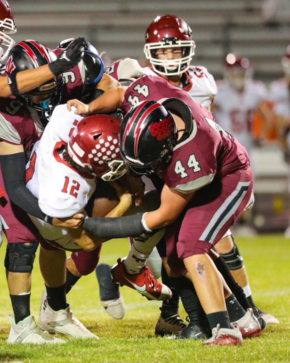 Ian Ackerman gets in front of James Cogan. Nipomo won 34-21 over Paso Robles High School Oct. 20, 2023 with one more game left in the football schedule before the playoffs.