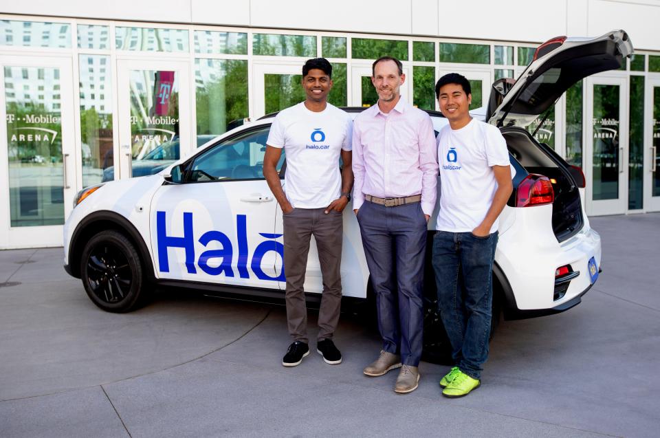 Halo CEO Anand Nandakumar, at left, with Justin Jones, Clark County Commissioner of District F and vice chair of the Southern Nevada Regional Transportation Commission, and Lukas Herman, core software engineering lead at Halo, which is launching a driverless car test in Las Vegas later this year.