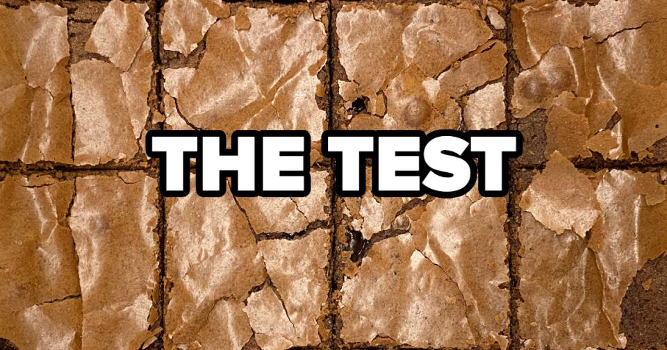 Close-up of brownies with "THE TEST" text overlay