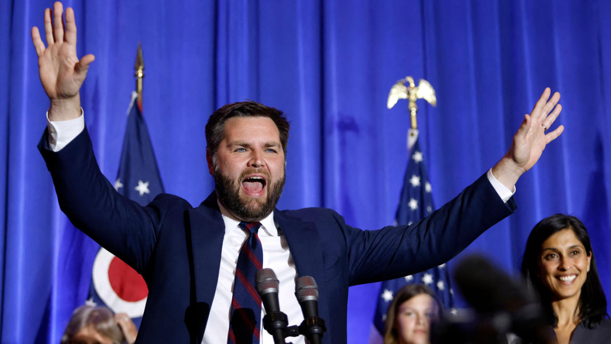 JD Vance gestures as he speaks during the Ohio Republican Party election night watch party reception in Columbus, Ohio, on November 8, 2022. (Paul Vernon/AFP via Getty Images)