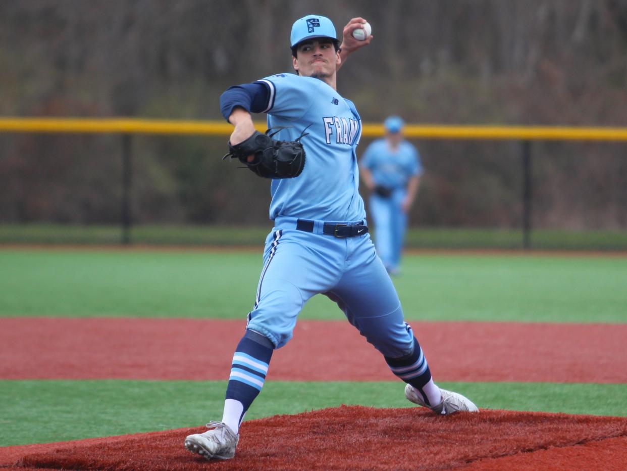 Franklin's Jake Shaughnessy tosses a pitch during a Hockomock League game against Taunton.