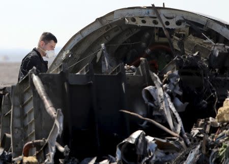 A military investigator from Russia stands near the debris of a Russian airliner at its crash site at the Hassana area in Arish city, north Egypt, November 1, 2015. REUTERS/Mohamed Abd El Ghany