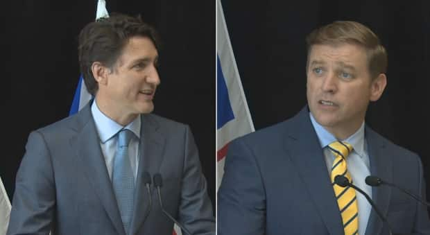 Prime Minister Justin Trudeau, left, and Newfoundland and Labrador Premier Andrew Furey spoke briefly Wednesday to say the two sides have reached a deal on Muskrat Falls to stave off stark financial implications for the province. (CBC - image credit)