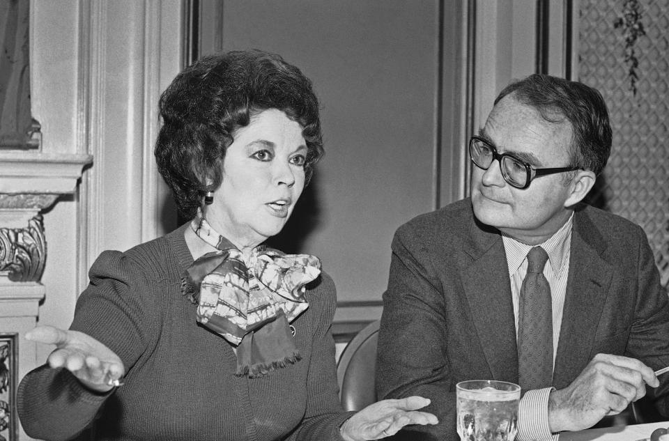 In this Oct. 27, 1984, file photo, Environmental Protection Agency administrator William Ruckelshaus listens to Shirley Temple Black before he speaks to the Commonwealth Club in San Francisco. Black is president of the club, and Ruckelshaus spoke about environmental policies under the Reagan administration. Temple, who died at her home near San Francisco, Monday, Feb. 10, 2014, at 85, sang, danced, sobbed and grinned her way into the hearts of Depression-era moviegoers and remains the ultimate child star decades later. (AP Photo/Sal Veder, File)