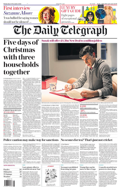 The Daily Telegraph outlines the rules as it focuses on the numbers of 'Five days of Christmas with three households together'.