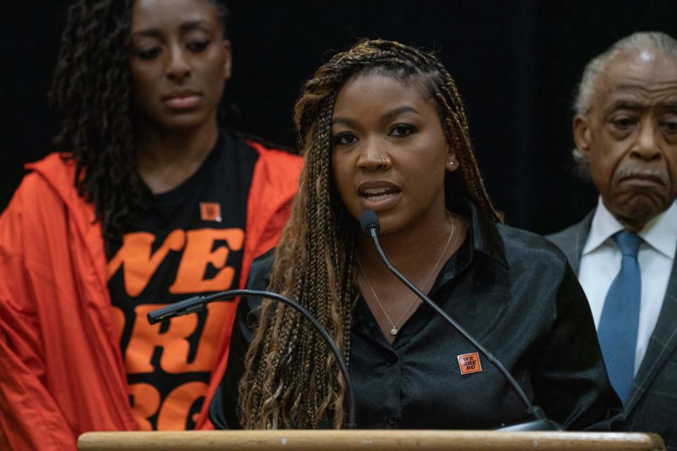 Cherelle Griner, wife of professional basketball player Brittney Griner, in July, speaking during a press conference in Chicago in support of Griner's release from prison in Russia.