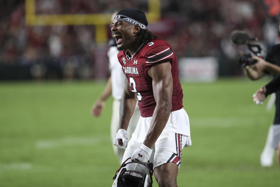 South Carolina wide receiver Antwane Wells Jr. (3) celebrates a touchdown reception by a teammate during the second half of an NCAA college football game against Furman on Saturday, Sept. 9, 2023, in Columbia, S.C. (AP Photo/Artie Walker Jr.)