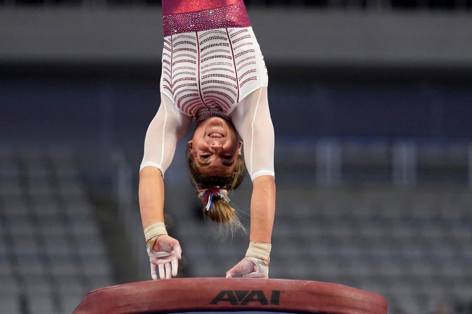 OU's Danielle Sievers competes in the vault during Thursday's NCAA semifinals in Fort Worth, Texas.