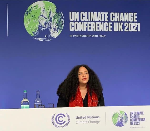 Salter speaks at the 2021 United Nations Climate Change Conference in Glasgow, Scotland. (Photo: Raya Salter)