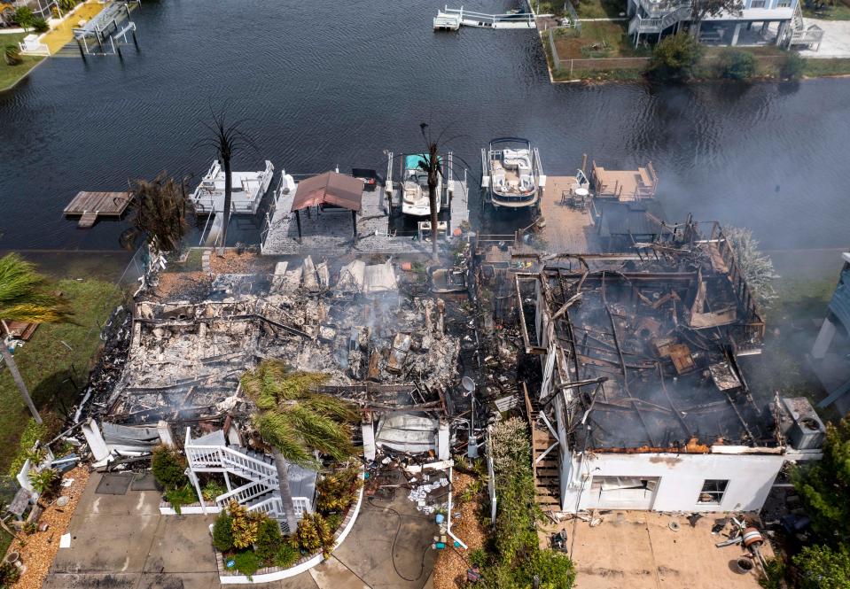 Two homes were destroyed by fire during Hurricane Idalia in Hudson, Florida on August 30, 2023.