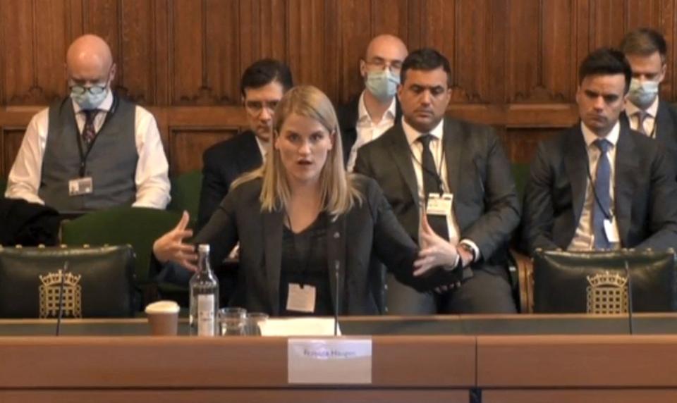 Frances Haugen, gives evidence to members of the UK parliament comprising the Joint Committee on the draft Online Safety Bill at the Houses of Parliament in London. - Haugen, a former Facebook employee turned whistleblower, has rocked the tech world with numerous blistering claims about her former employer since releasing thousands of pages of internal research documents she secretly copied before leaving her job in the company's civic integrity unit. She was in Westminster on October 25 speaking to members of the UK parliament on online safety.