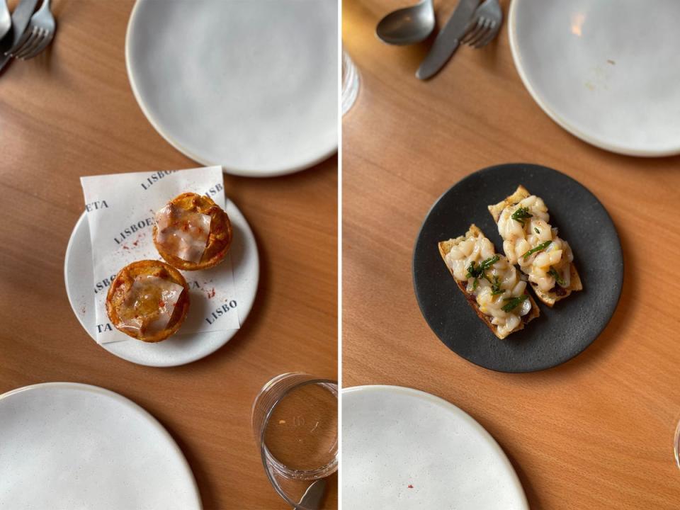 Snacks: Goan-spiced pork pie and Morcela sausage and razor clams on toast (Hannah Twiggs)