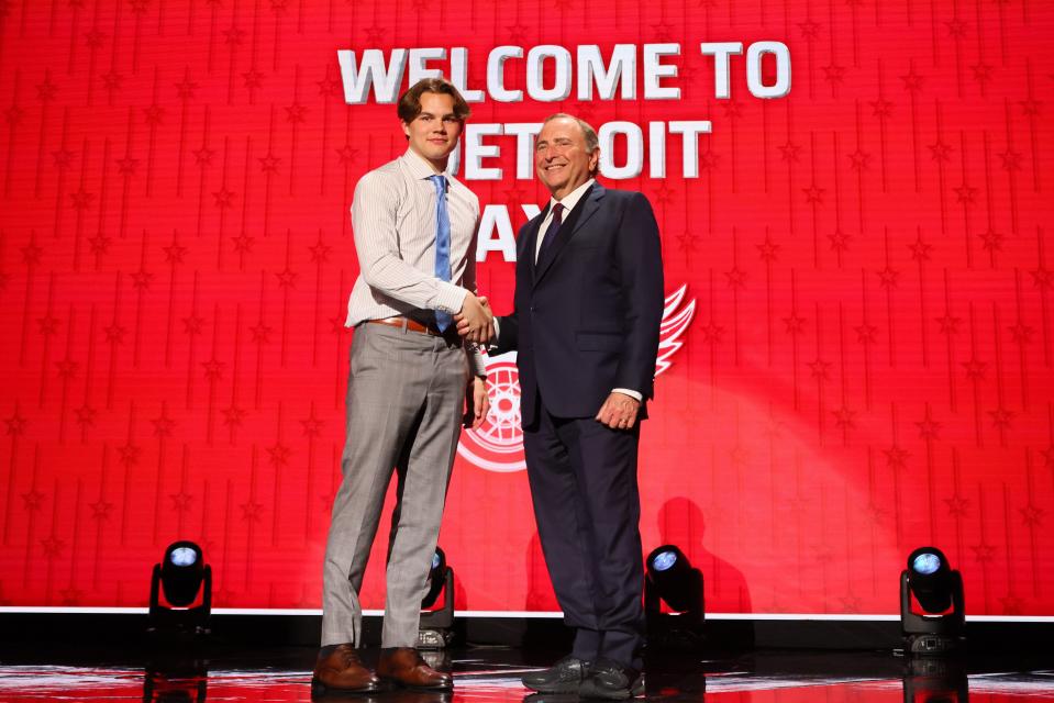 Axel Sandin Pellikka was selected by the Detroit Red Wings with the 17th overall pick during round one of the 2023 Upper Deck NHL Draft at Bridgestone Arena on June 28, 2023 in Nashville, Tennessee.