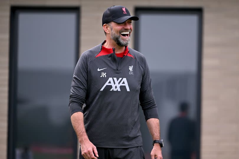 Jurgen Klopp manager of Liverpool during a training session at AXA Training Centre on May 10, 2024 in Kirkby, England.