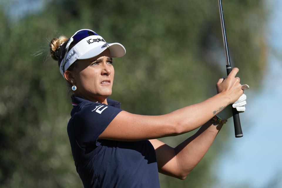 Oct 13, 2023; Las Vegas, Nevada, USA; Lexi Thompson watches her tee shot on the fourteenth hole during the second round of the Shriners Children's Open golf tournament at TPC Summerlin. Mandatory Credit: Ray Acevedo-USA TODAY Sports