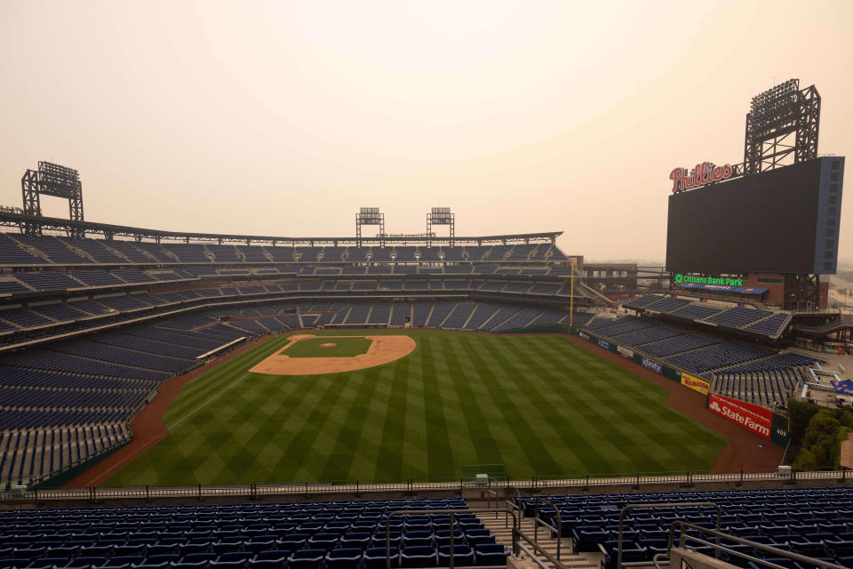 Stadium views after smoke from Canadian wildfires cause a postponement of the game between the Philadelphia Phillies and the Detroit Tigers at Citizens Bank Park.