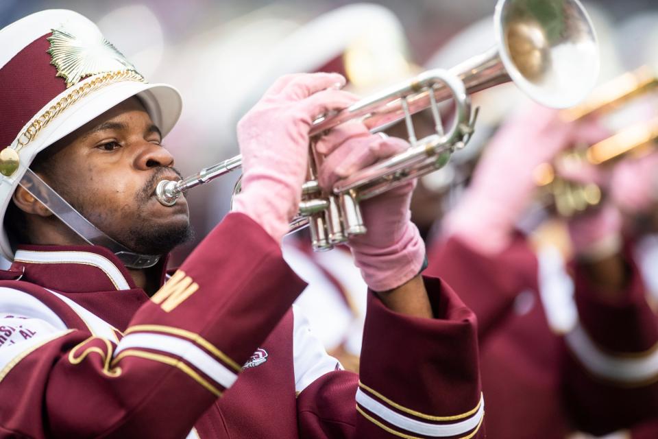 Alabama A&M marching band performs during the 2021 Magic City Classic at Legion Field in Birmingham, Ala., on Saturday, Oct. 30, 2021.