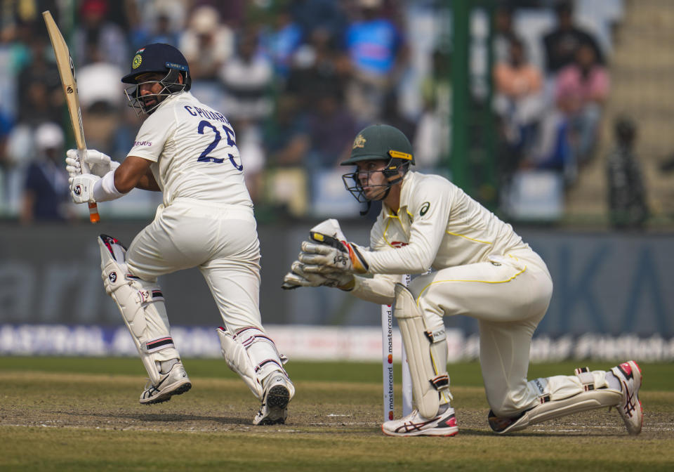 India's Cheteshwar Pujara plays a shot during the third day of the second cricket test match between India and Australia in New Delhi, India, Sunday, Feb. 19, 2023. (AP Photo/Altaf Qadri)