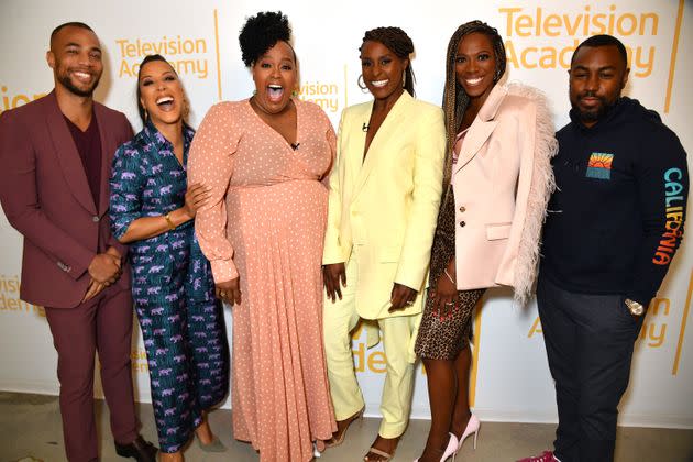 From left, Kendrick Sampson, Robin Thede, Natasha Rothwell, Issa Rae, Yvonne Orji and Prentice Penny are seen at an “Insecure” event in 2019. (Photo: Jeff Kravitz via Getty Images)