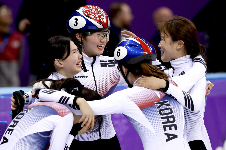 <p>South Korea celebrates after winning the gold medal in the Women’s 3000m Short Track Speed Skating relay at the 2018 Winter Olympics in PyeongChang, South Korea, Tuesday, Feb. 20, 2018.<br> (AP Photo/David J. Phillip) </p>