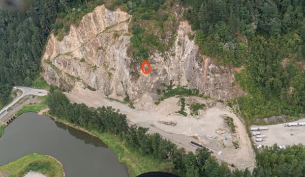 The approximate location of a pair of peregrine falcons nesting in an active quarry on Quadling Road in Abbotsford. Advocates are worried work on the site will prevent the birds from breeding.