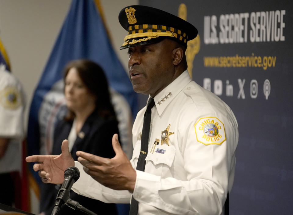 Chicago Police Superintendent Larry Snelling responds to a question as U.S. Secret Service Director Kimberly Cheatle, left, listens during a news conference about the upcoming Democratic National Convention on Tuesday, June 4, 2024, in Chicago. (AP Photo/Charles Rex Arbogast)