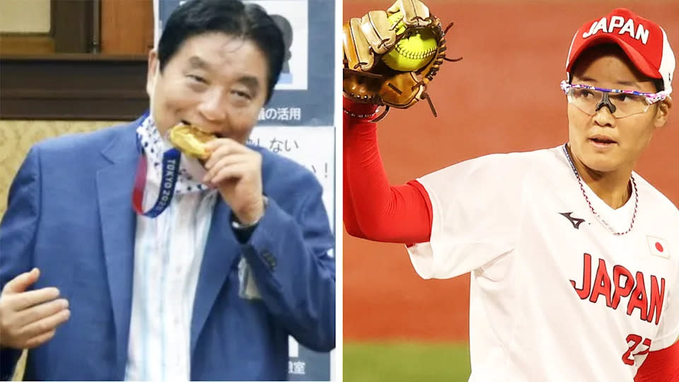 Seen here, Nagoya mayor Takashi Kawamura takes a bite from Japanese softball star Miu Goto's gold medal.