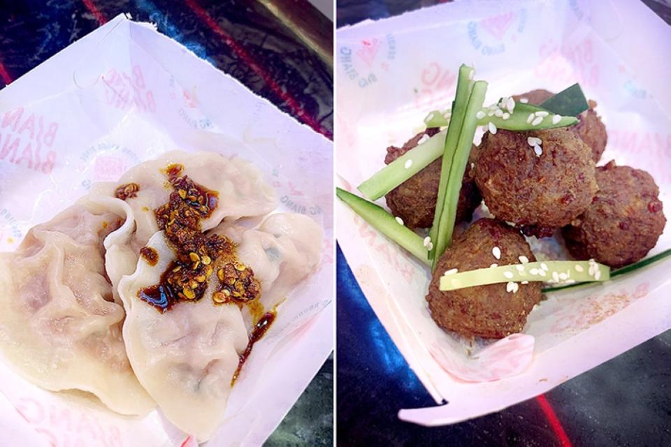 Pork dumplings with chilli oil (left). “Tingling Meatballs” (right).