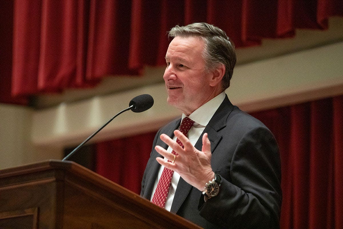 President Richard McCullough delivers the annual State of the University address at the College of Medicine’s Durell Peaden Auditorium on Wednesday, Nov. 29, 2023.