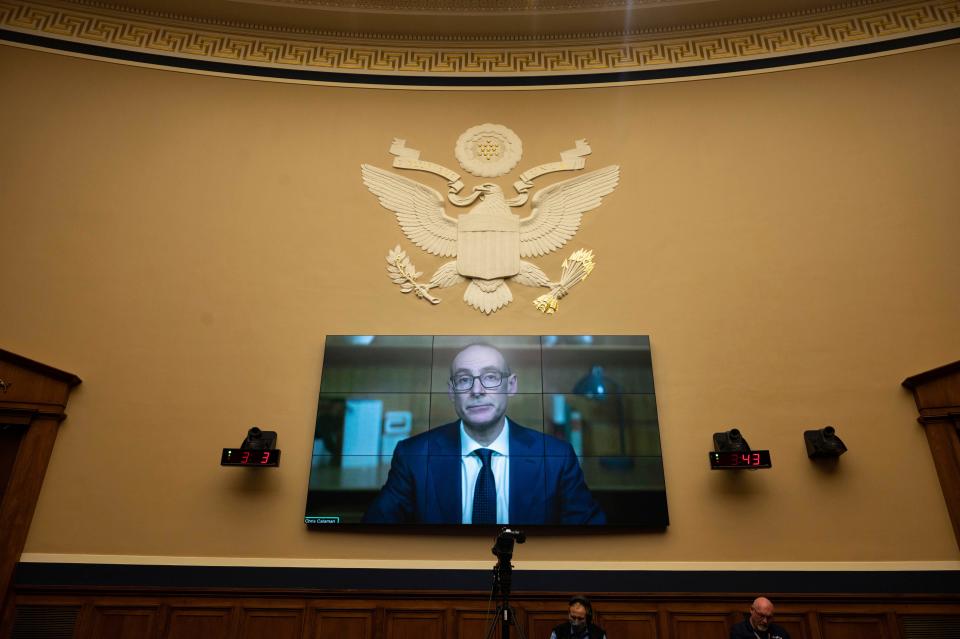 Abbott Senior Vice President Christopher Calamari testifies remotely before a House subcommittee hearing on the safety and supply of baby formula May 25 in Washington.