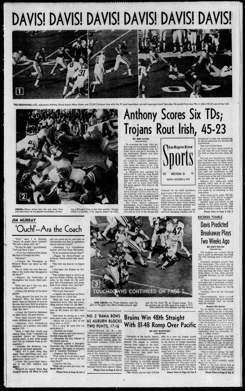 The front page of the Los Angeles Times sports section from Dec. 3, 1972, highlighting USC running back Anthony Davis