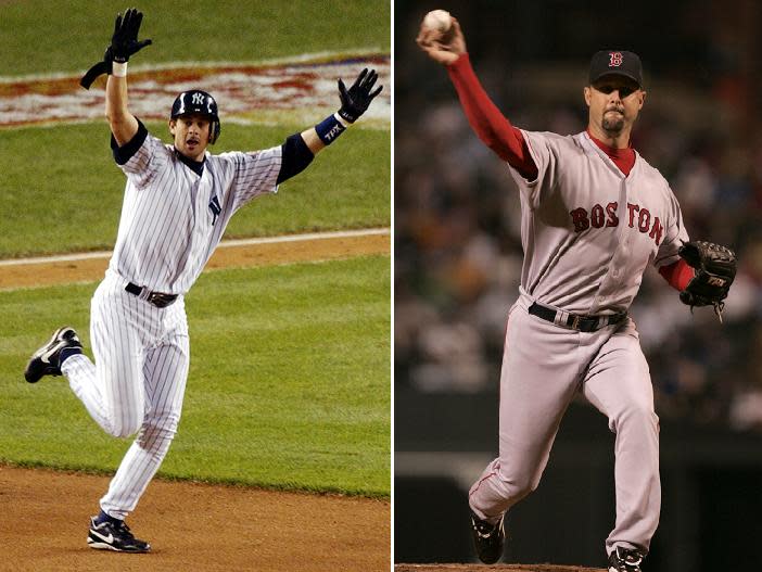 New Yankees manager Aaron Boone and Red Sox analyst Tim Wakefield were together again on the field nearly 15 years after a dramatic and historic postseason clash. (AP Photos)