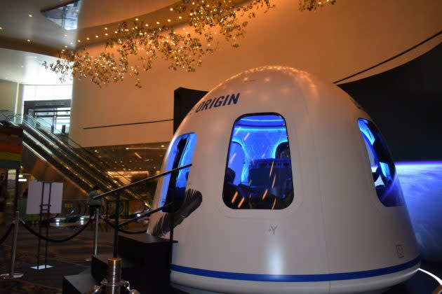 A mockup of the crew capsule for Blue Origin’s New Shepard spaceship goes on display at the Aria Resort Hotel in Las Vegas during June’s re:MARS conference. (GeekWire Photo / Alan Boyle)