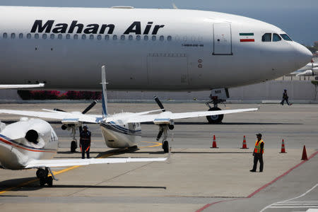 An Airbus A340 airplane of Mahan Air is seen at Simon Bolivar International Airport outside Caracas, Venezuela April 8, 2019. REUTERS/Carlos Garcia Rawlins