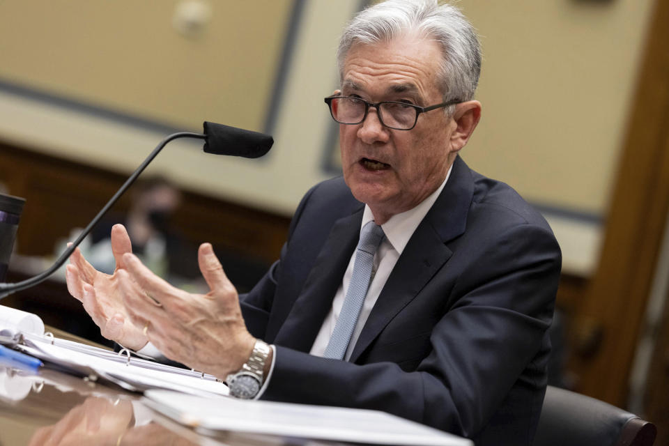 FILE - In this June 22, 2021 file photo, Federal Reserve Board chairman Jerome Powell testifies on the Federal Reserve's response to the coronavirus pandemic during a House Oversight and Reform Select Subcommittee on the Coronavirus hearing on Capitol Hill in Washington.   The Federal Reserve says, Friday, July 9, its low interest rate policies are providing “powerful support” for the economy as it recovers from the coronavirus pandemic.  (Graeme Jennings/Pool via AP, File)