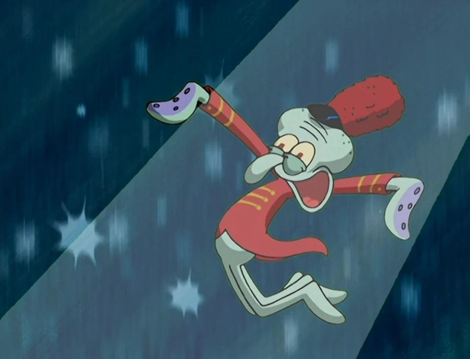 Animated character Squidward joyfully jumping
