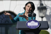 2021 National Teacher of the Year Juliana Urtubey, a bilingual special education teacher in Las Vegas, speaks during an event for the 2020 and 2021 State and National Teacher of the Year recipients on the South Lawn of the White House in Washington, Monday, Oct. 18, 2021. (AP Photo/Susan Walsh)