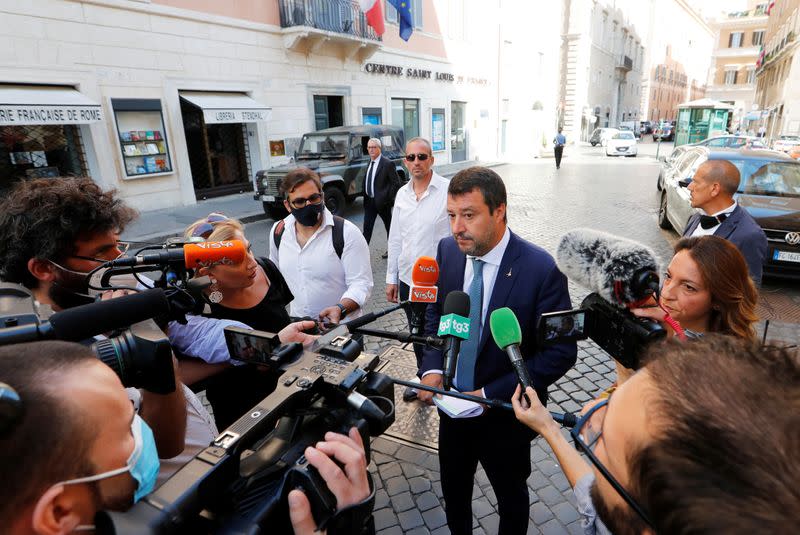 Leader of Italy's far-right League party Matteo Salvini talks to the media, in Rome