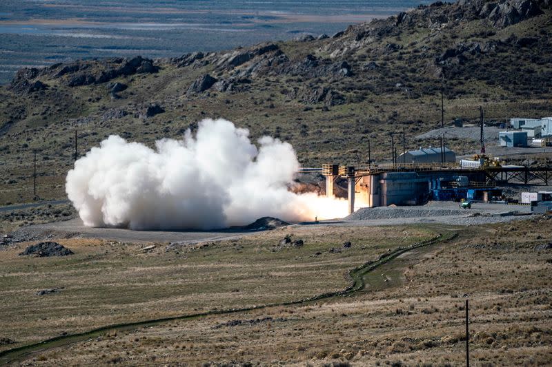 The US Navy, in collaboration with the US Army, conducts a static fire test of the first stage of the newly developed 34.5" common hypersonic missile that will be fielded by both services, in Utah