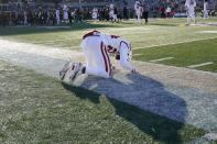 Arkansas defensive back LaDarrius Bishop reacts following an NCAA college football game against Missouri Saturday, Dec. 5, 2020, in Columbia, Mo. Missouri won the game 50-48 on a last-second field goal by Harrison Mevis. (AP Photo/L.G. Patterson)