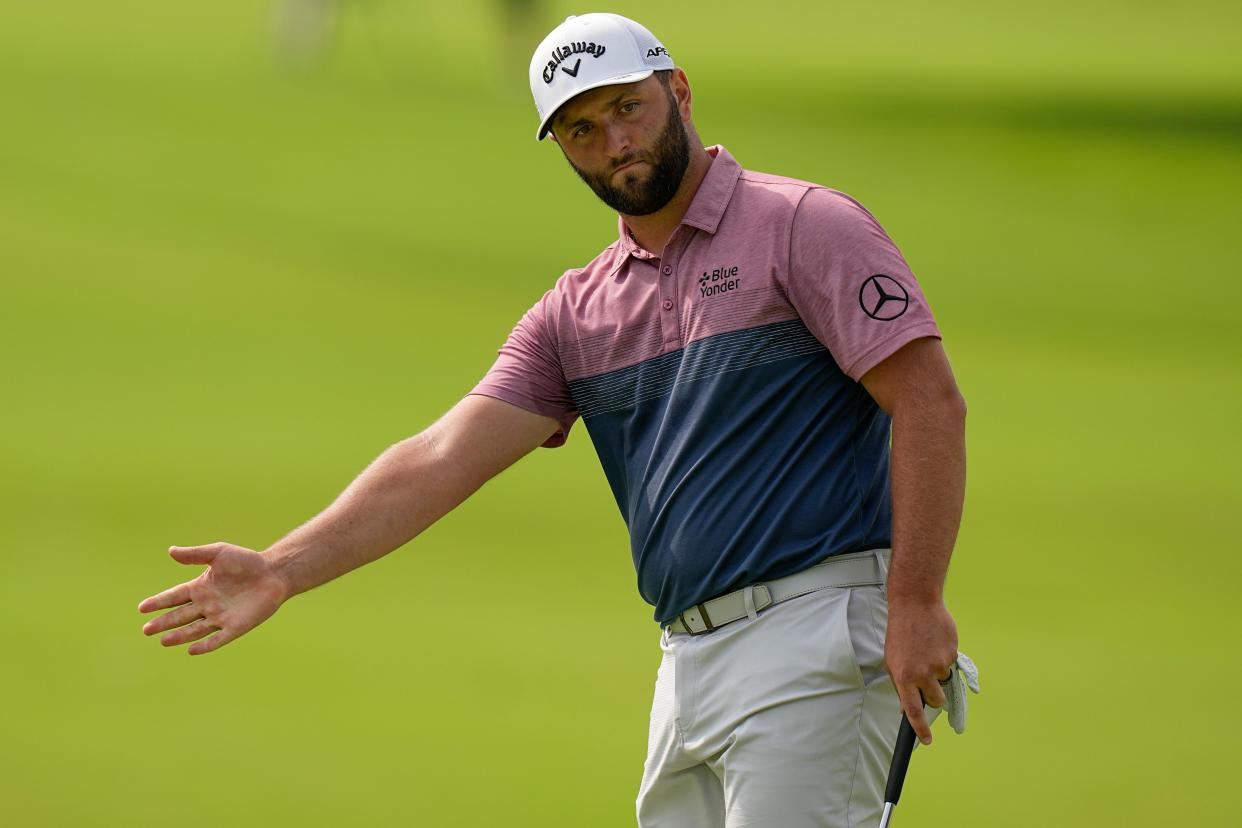 Spain's Jon Rahm reacts after missing a putt on the 16th hole during the second round of the PGA Championship at Southern Hills Country Club on May 20 in Tulsa, Okla. Rahm, the 2020 winner of the this week's Memorial Tournament, in in the field again.