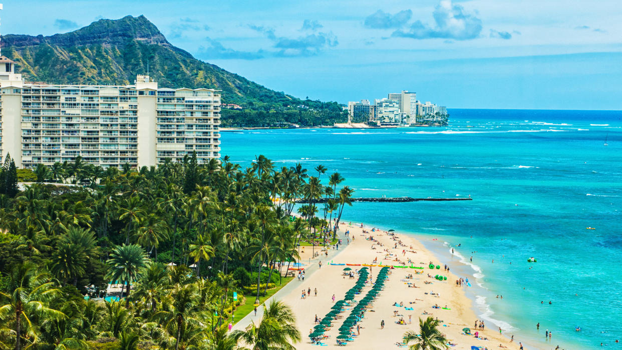 An aerial photo of Waikiki beach.