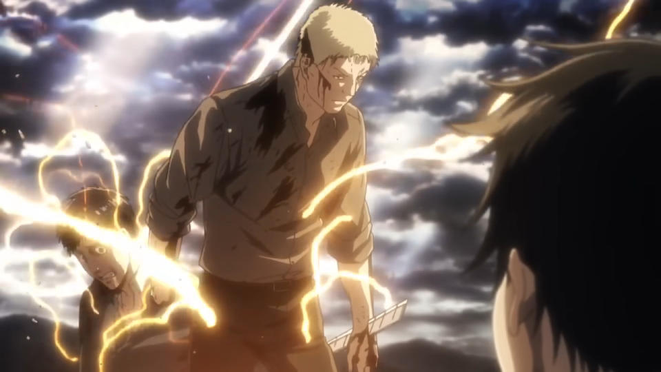 Reiner and Bertolt transforming in Attack on Titan.