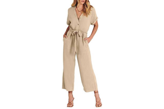 Cotton Linen Twill Short Sleeve Coverall Jumpsuit