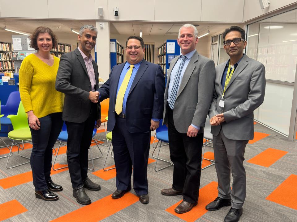 Matthew Block, middle, was appointed the next superintendent of Ardsley schools on Tuesday, April 2, 2024. Pictured from left to right: School board member Viktoriya Paroder, board President Hrishi Karthikeyan, Matthew Block, board member Mitchell Kleinman and Vice President Vikas Agrawal.