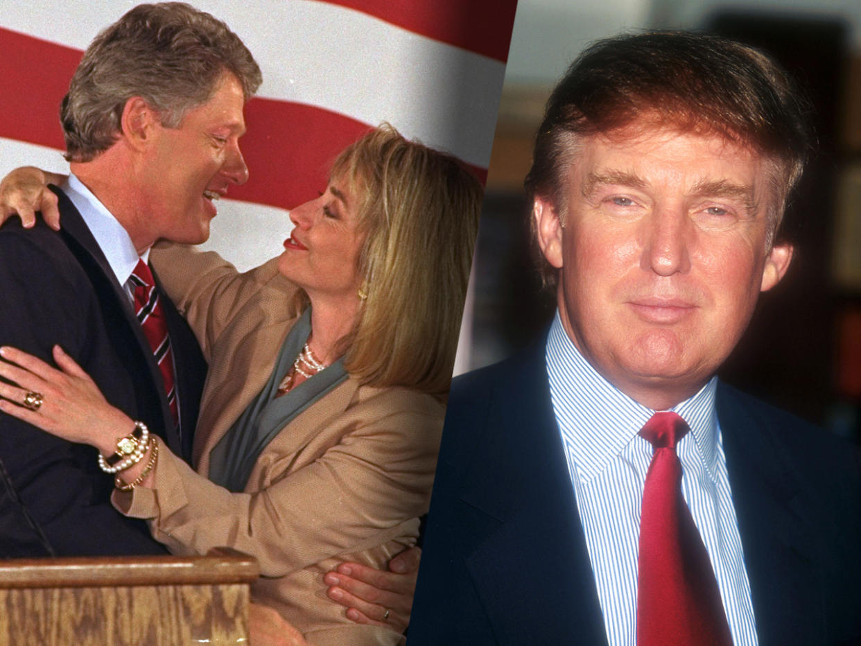 Hillary Clinton embracing her husband, then-Arkansas Gov. Bill Clinton, and Donald Trump in the 1990s. (Photos: Paul Sakuma/AP; Stephen Trupp/AP)